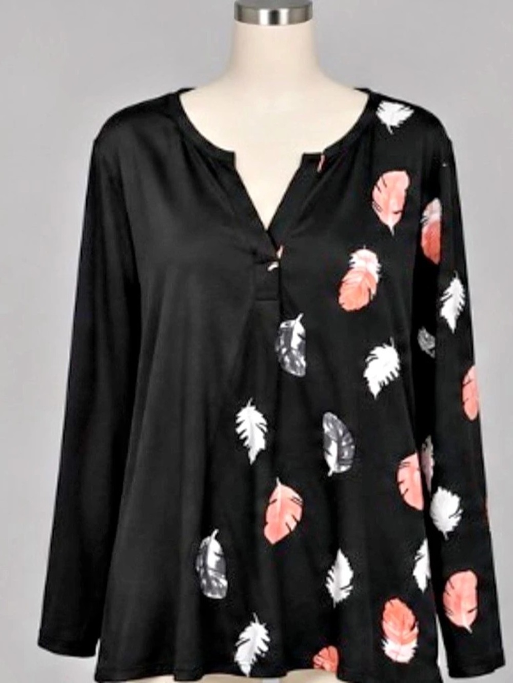 SHEIN LUNE Feather Print Notched Neck Bishop Sleeve Blouse 2XL